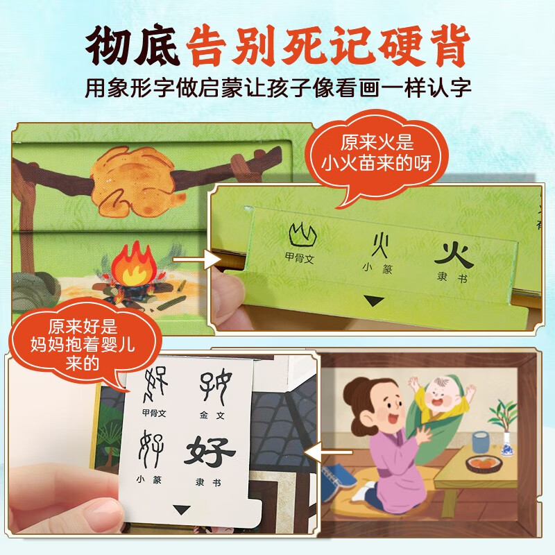 Chinese characters are really fun, enlightenment interactive three-dimensional book, a complete set of 2 volumes, children's 3D three-dimensional book flip book, 3-6-8 years old baby's young connection to preschool literacy artifact, Green Hulu