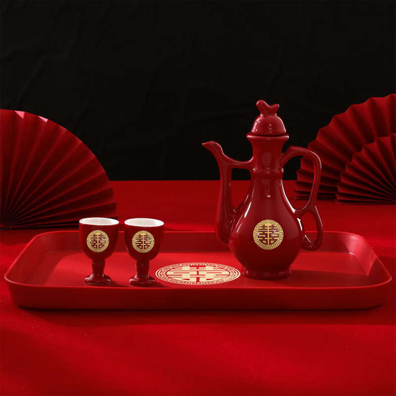 Qinkai Wedding Toast Cup Wedding Banquet Ceramic Wine Pot Chinese Wedding Cup Wine Divider Festive Set Chinese Red Wine Set Gold Bottom Grand Birthday 1 Pot + 2 Cups + Round Tray