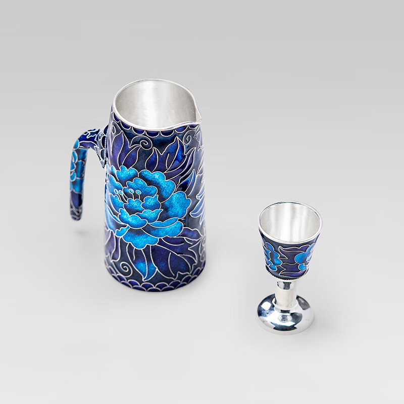 Guiyintang cloisonne filigree sterling silver wine set original peony pure silver 999 points wine set silverware high-end wine set gift set 1 pot 1 cup + certificate + gift box