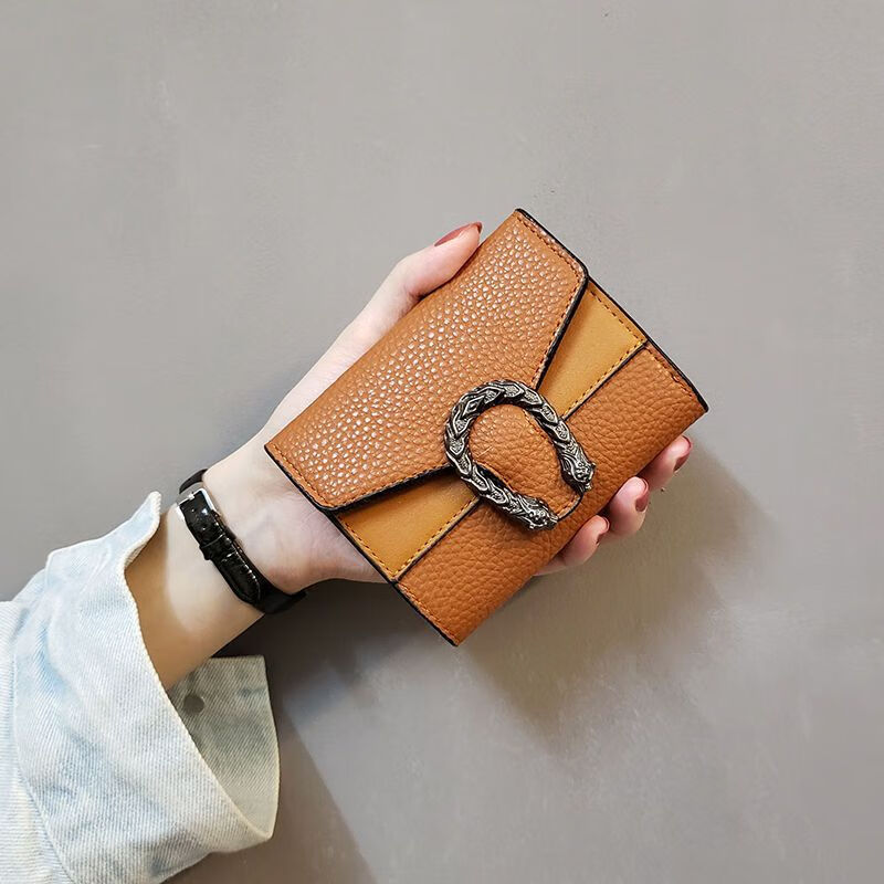 Casa-kupsCKins new European and American solid color Bacchus women's wallet women's short three-fold small wallet women's coin purse card bag leather green (solid color)