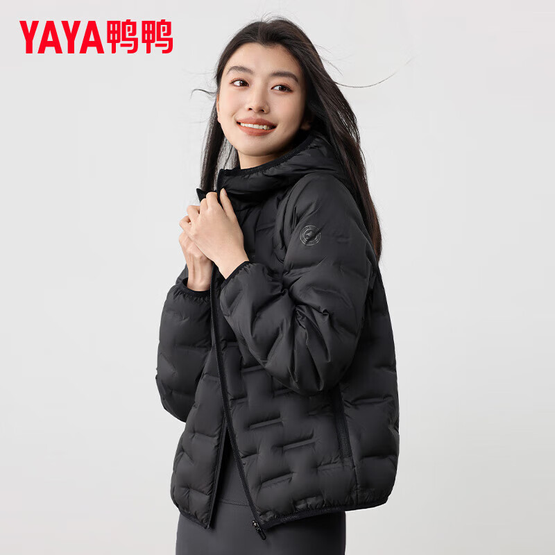 YAYA Lightweight Down Jacket Women's Short 2025 Autumn and Winter New Fashion Casual Hooded Versatile Warm Jacket KL Black M
