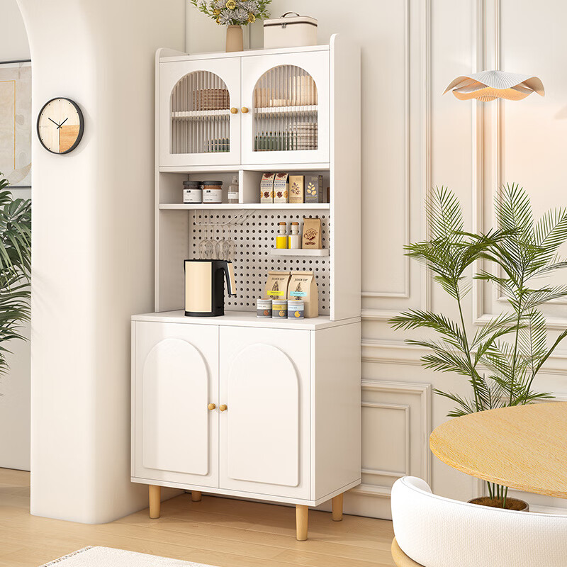 Kongjiang Cream Style Solid Wood Sideboard Integrated Wall Cabinet Living Room Multifunctional Storage Cabinet Perforated Panel Tea Cabinet Wine Cabinet 60*40*190 Creamy White/Embossed Door (Delivered in Home)