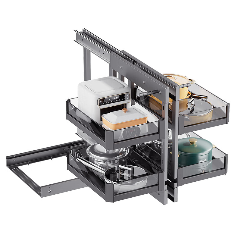 Huili Customized Kitchen Cabinet Corner Basket Full Pull-Out Little Monster Kitchen Built-in Bowl Basket Bowl Rack Rotating Seasoning Basket 400 Cabinets (Corner Door Panel Width) - Full Pull-Out Corner Multi-layer Open Door Type