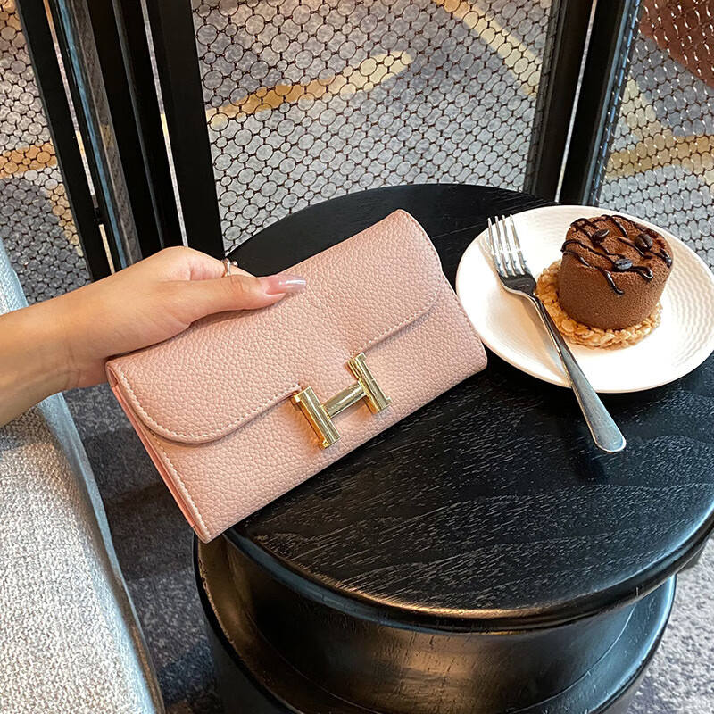 Kangaroo Wallet Long Litchi Pattern Women's Fashion Versatile Covered Wallet Wallet with Large Capacity and Multiple Card Slots Trendy Black