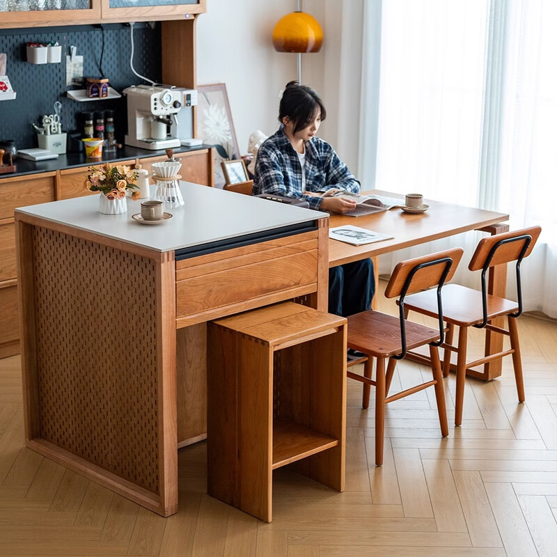 His Highness Home Nordic solid wood island dining table integrated cherry wood kitchen small apartment slate bar cabinet Japanese storage sideboard large black slate island dining table + 4 Jacques dining chairs