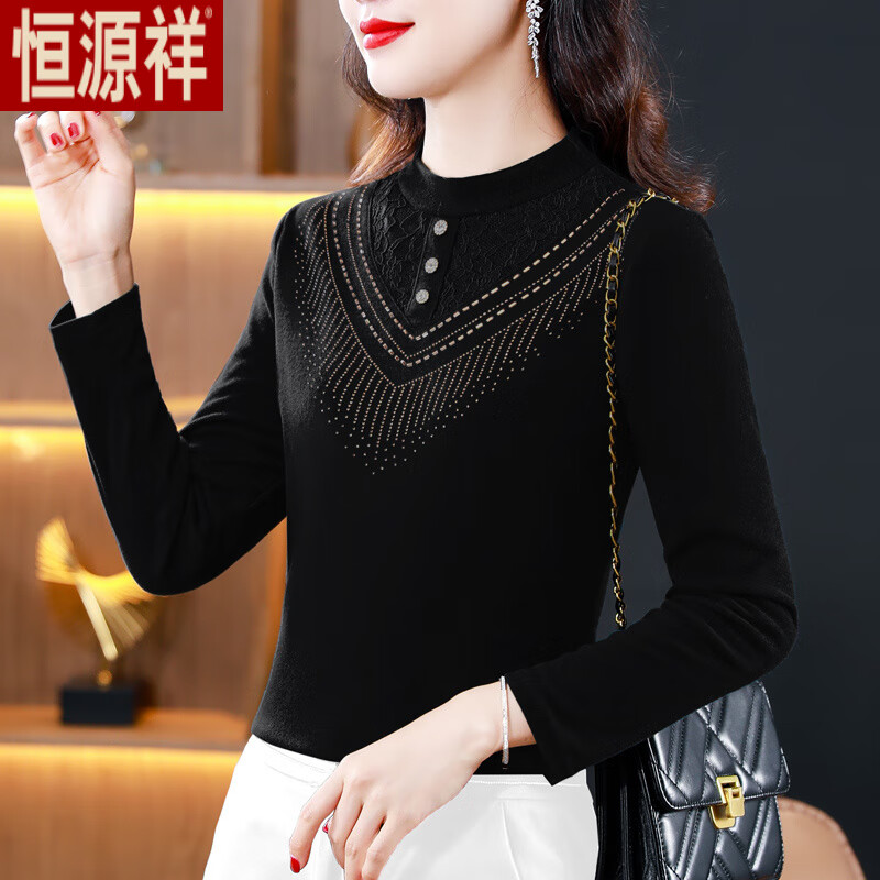 Hengyuan Xiangde velvet bottoming shirt for women 2025 new style middle-aged mother fashionable inner plus velvet thickened large size top t-shirt autumn and winter burgundy double-sided velvet warm thickened L recommended 100-115 pounds