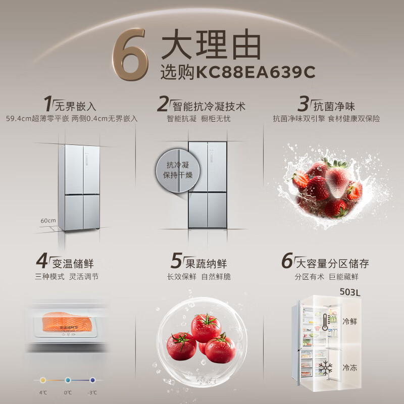 SIEMENS Unbounded Plus503L cross-door refrigerator large capacity intelligent anti-condensation ultra-thin embedded first-level energy efficiency KC88EA639C national subsidy