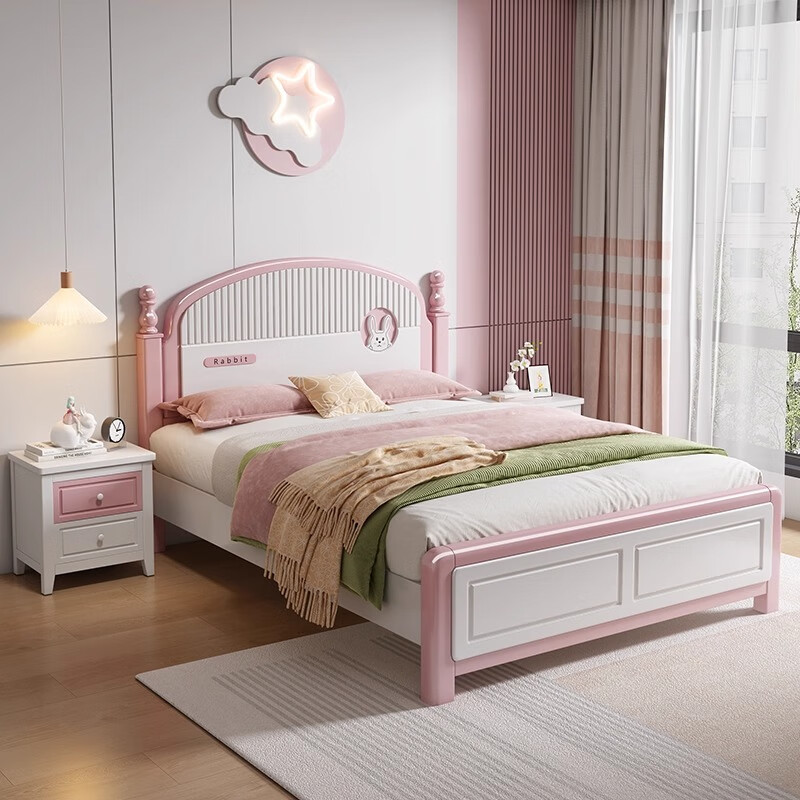 Oka Star solid wood children's bed 1.2m1.5m pink girl princess bed baby girl bedroom furniture cute single bed bed+20cm latex spring mattress+bedside table*2 1500*1900