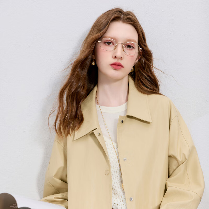 Sancai 2025 Autumn New Leather Jacket PU Leather Jacket Casual Lapel Dropped Shoulder Sleeves Loose Mid-Length Cardigan M Khaki M 160/84A The version is loose and can be photographed appropriately