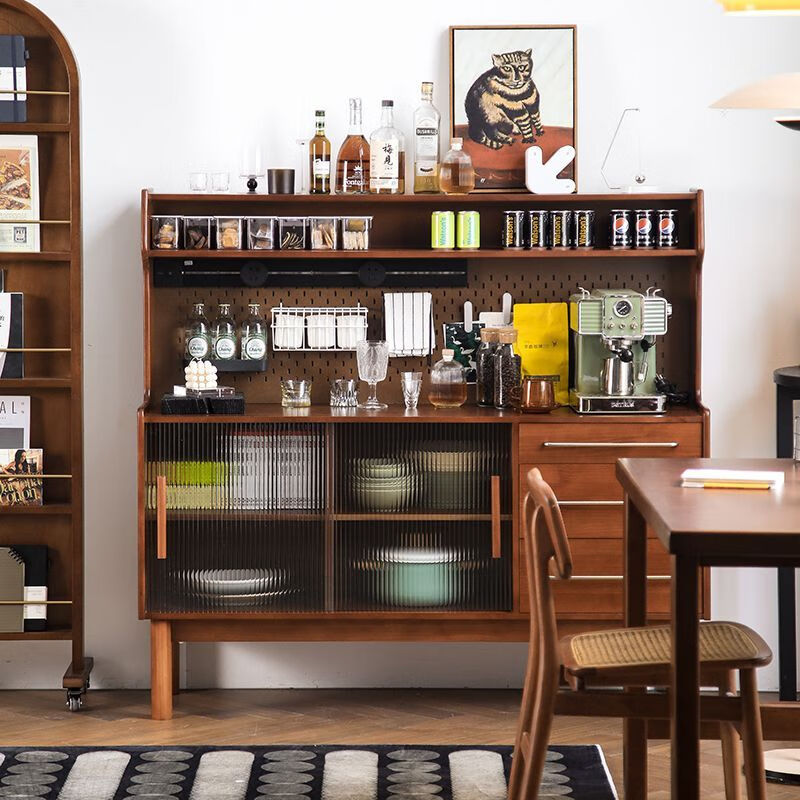 Fu Zhen solid wood sideboard Nordic all-in-one storage wall living room wine cabinet tea multi-function storage cabinet with electric rail 80cm+ hole board style medium antique color