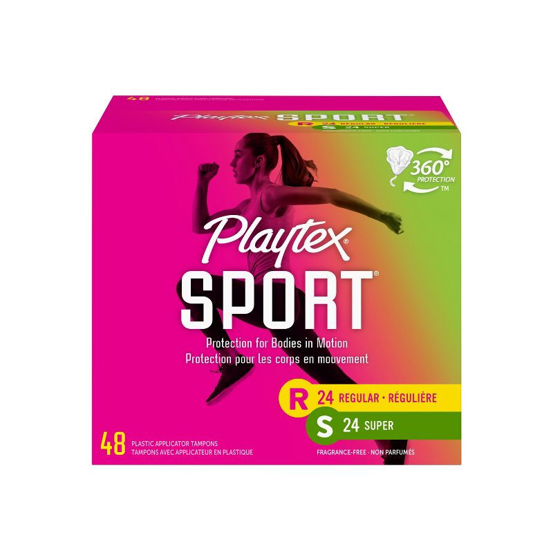 Playtex bonded quick-release sports series long tube tampon flow rate non-sense protection during menstrual travel, mixed pack of 48 pieces (regular 24 + high flow 24)