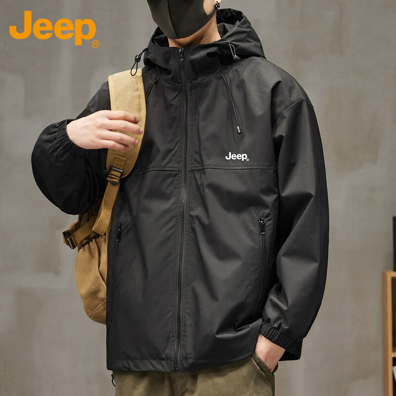 JEEP Jacket Men's Jacket Autumn and Winter Hooded Jacket Casual Fashion Tops Men's Black XL