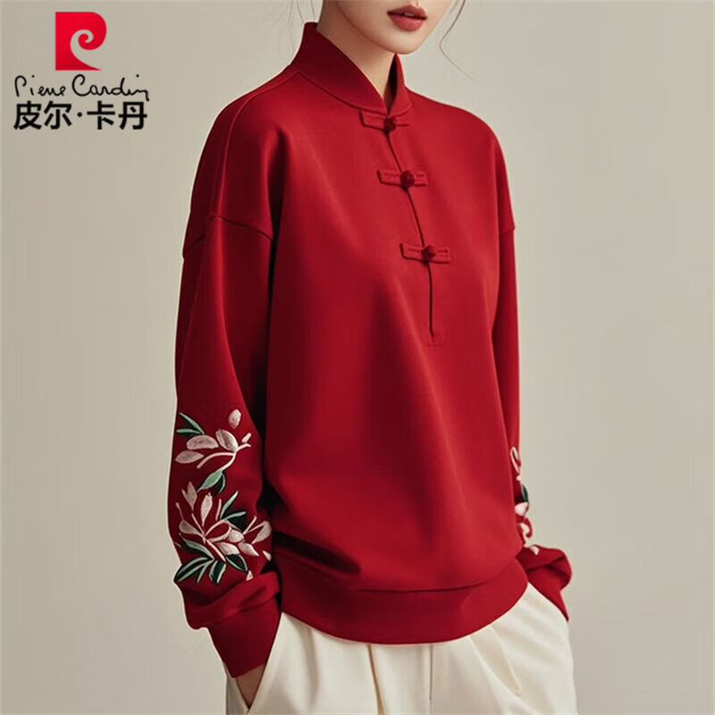 Pierka Dandelong New Chinese Style Embroidered Stand Collar Sweater Women's Autumn and Winter New Ancora Red National Style Disk Button Warm Long Sleeve Top W832 Red German Velvet Warm 2XL Recommended 130-150 catties