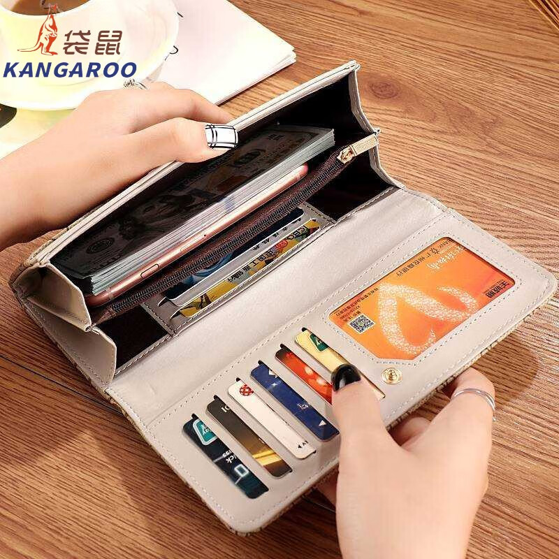 Kangaroo (KANGAROO) French imported quality long wallet and mobile phone bag dual-purpose women's card holder two-in-one wallet women's wallet clip peach heart (10 card slots) can hold mobile phone long