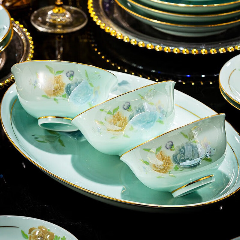 Yitongtang Chinese light luxury underglaze color Jingdezhen celadon tableware complete set of bowls and plates household ceramic set dishes housewarming gift suitable for microwave oven | leather suitcase | 60-piece set
