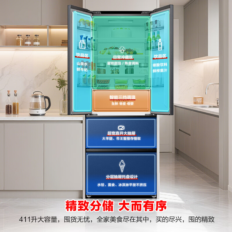 Rongsheng small square cake 411L French style multi-door refrigerator ultra-thin zero-embedded small apartment first-class energy efficiency air-cooled frost-free trade-in BCD-411N40FZLAD national subsidy
