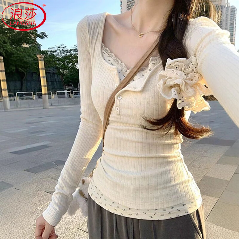 Langsha Floral Fake Two Piece Bottoming Shirt Women's Long Sleeve 2025 Autumn New Style Slim Fit Pure Sexy Hot Girl Lace Top