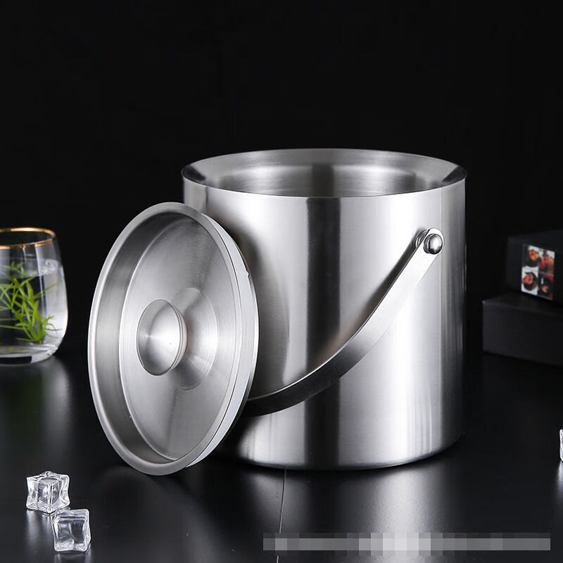 SUPU304 stainless steel ice bucket double-layer thickened handle insulated ice bucket household red wine beer large ice bucket with lid 1.6L double-layer thickened 304 ice bucket (ice clip included)
