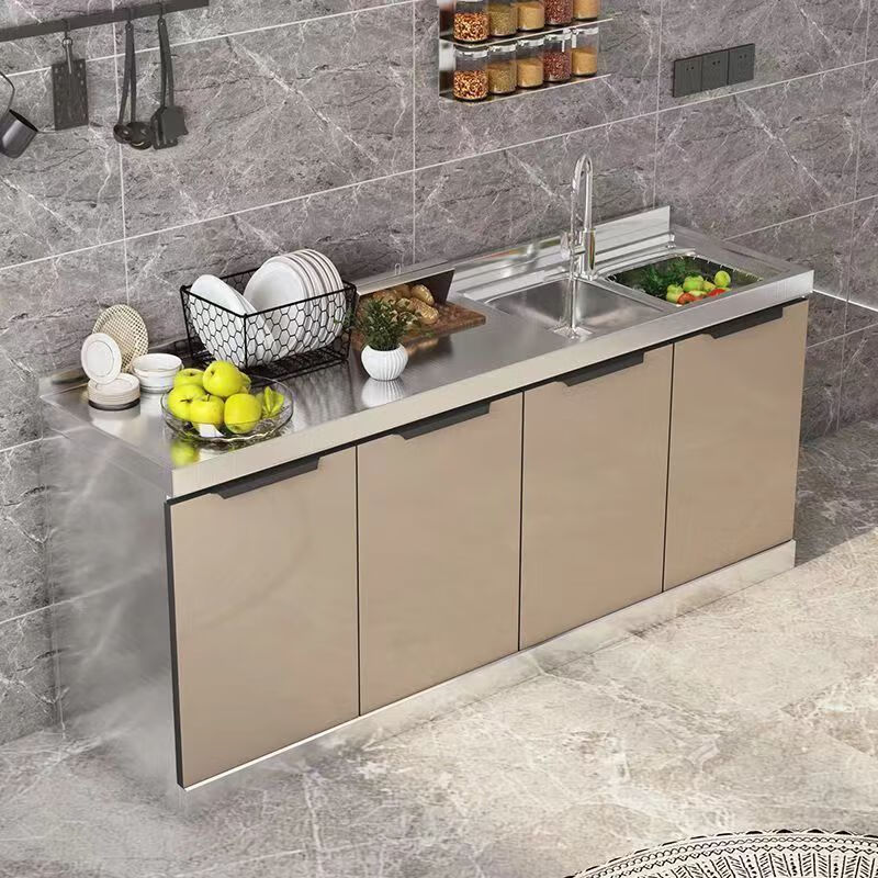 Fantasy kitchen cabinet combination cabinet stainless steel sink stove integrated cupboard household simple storage cabinet economical champagne 60CM flat upgrade and thickening
