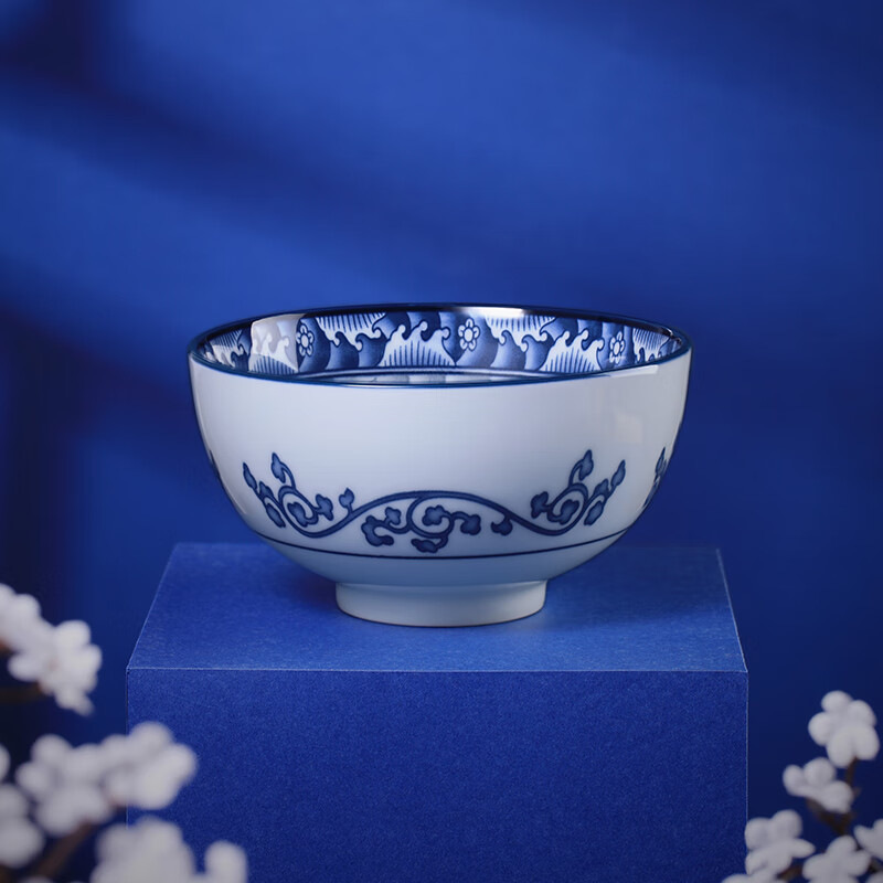Sanbao Chinese retro blue and white porcelain bowl, underglaze color ceramic bowl, eating bowl, household soup noodle bowl, rice plate, high-end tableware set, 4.5-inch Chinese bowl, rice bowl/single pack