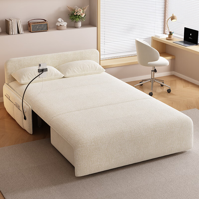 Mudi's new chenille smart electric sofa bed dual-purpose small apartment multi-functional foldable living room study single and double 1.5 meters sponge type-Thirteen anti-skin-friendly cat scratch cloth USB charging + storage box