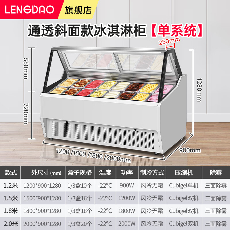 Lengdao ice cream display cabinet, high-end handmade popsicles, fried thick-cut yogurt freezer, air-cooled frost-free refrigerator, shopping mall supermarket quick-frozen freezer, double-row sloped model, beautiful white, single system, 1.5 meters long
