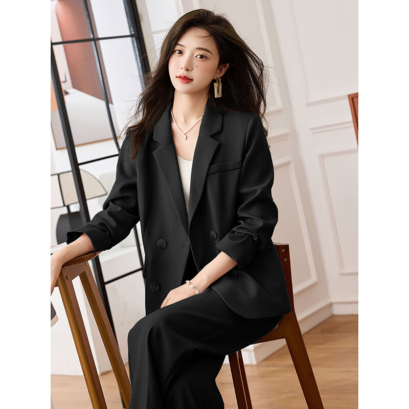 Awakening Paradise Double-breasted Loose Suit Casual Pants Two-piece Spring and Autumn Style Small Suit Pants Set Black L