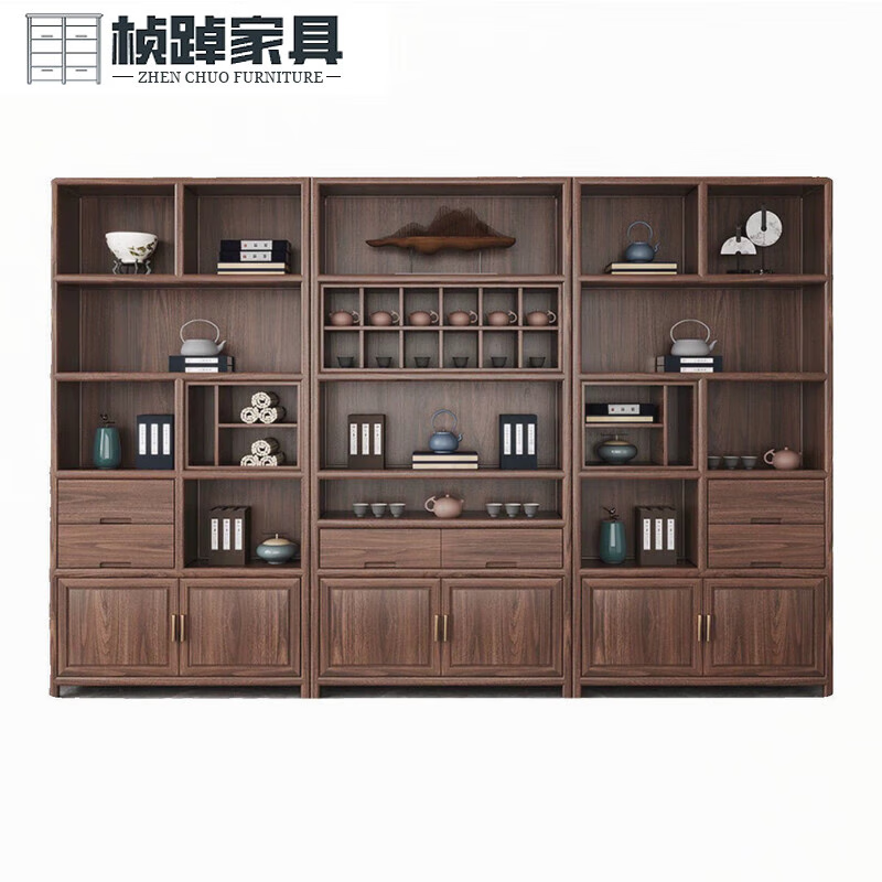 Zhenzhen new Chinese style old elm tea room display cabinet solid wood archaic shelf office cabinet bookcase Duobao Pavilion wine cabinet storage cabinet three-piece set