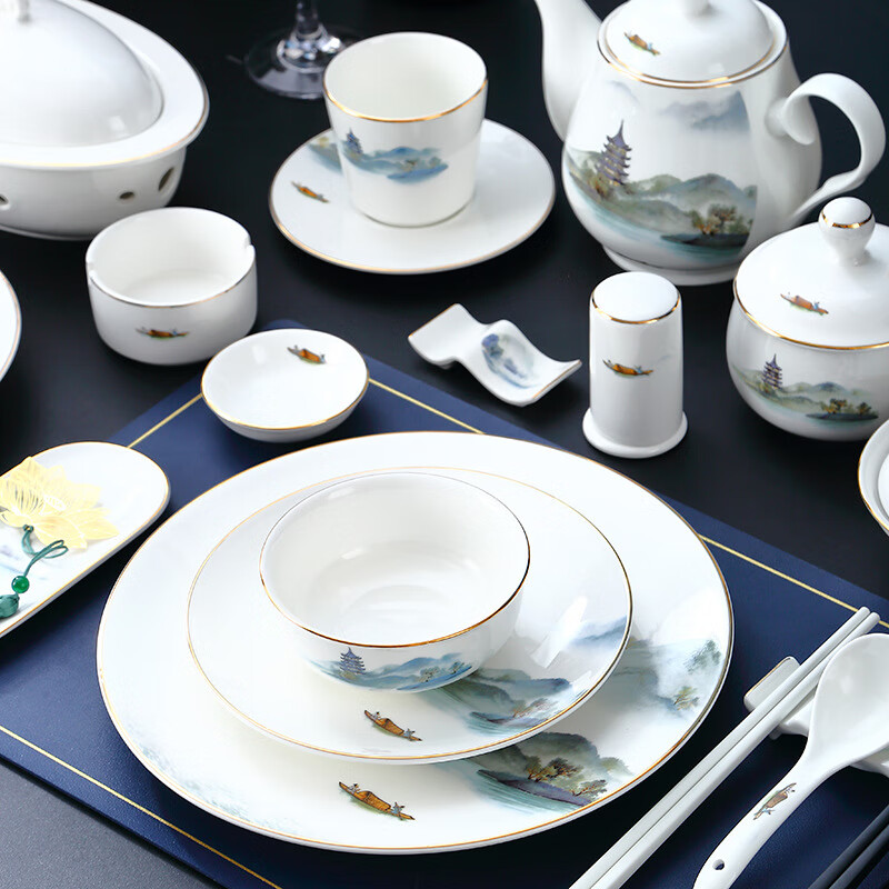 Youmingrui Chinese hotel tableware set, ceramic gold edge five-piece set, hotel eight-piece set, custom logo printing, Tashan Huiying large eight-piece set