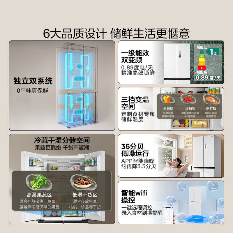 Midea 508L cross-door refrigerator dual system dual cycle sterilization and deodorization large capacity first-class energy efficiency air-cooled frost-free trade-in white BCD-508WSPZM (E) national subsidy