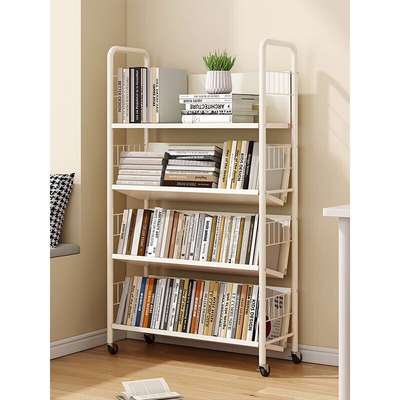 Mobile bookshelf with wheels floor-standing baby and children's picture book shelf simple iron small low bookcase student bedside bookshelf ZSZW01 milk white 4 layers