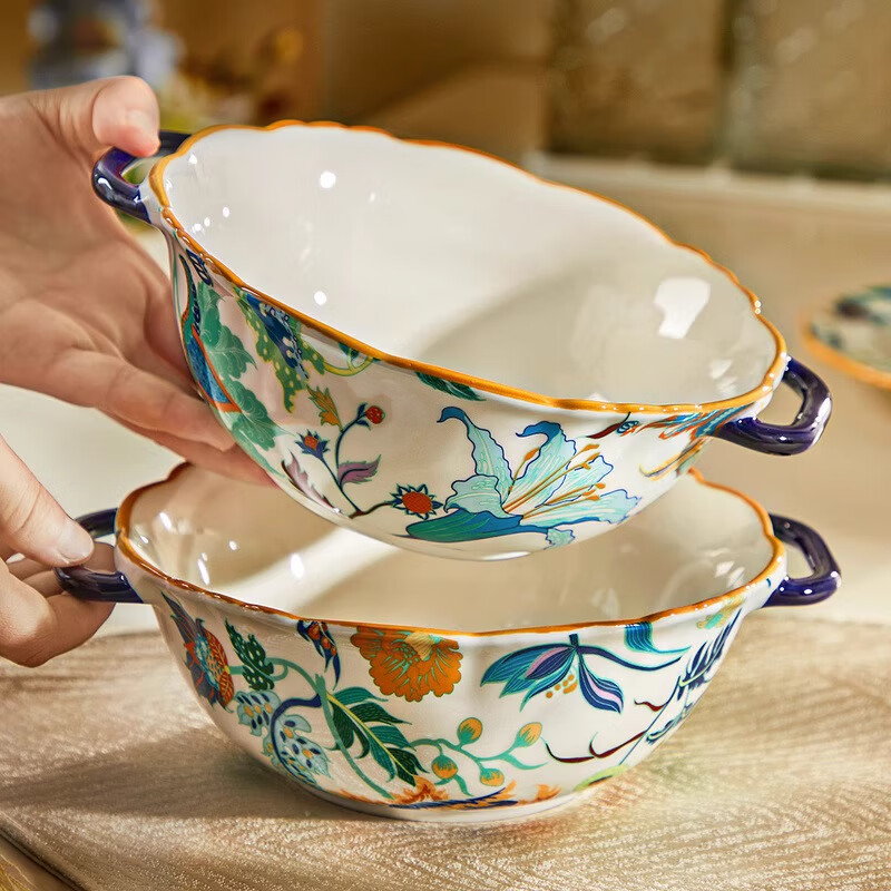 Black ceramic double-ear soup bowl household large rice bowl high-looking large bowl noodle soup bowl snail rice bowl original household soup rice bowl