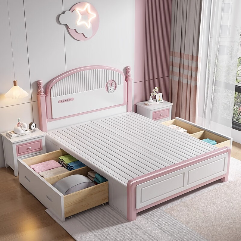 Oka Star solid wood children's bed 1.2m1.5m pink girl princess bed baby girl bedroom furniture cute single bed bed+20cm latex spring mattress+bedside table*2 1500*1900