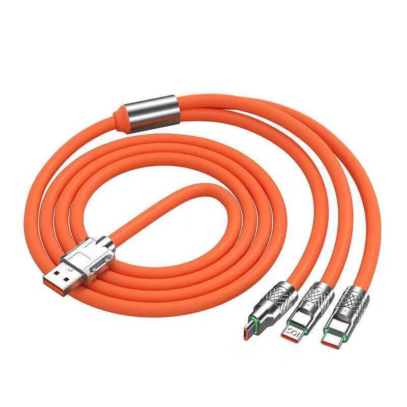 Juxun data cable three-in-one charging cable one-to-three usb fast charging car three-head suitable for Apple Huawei Honor Samsung iPhone15pro Android mobile phone multi-function 1.2 meters three-in-one interface/red orange orange