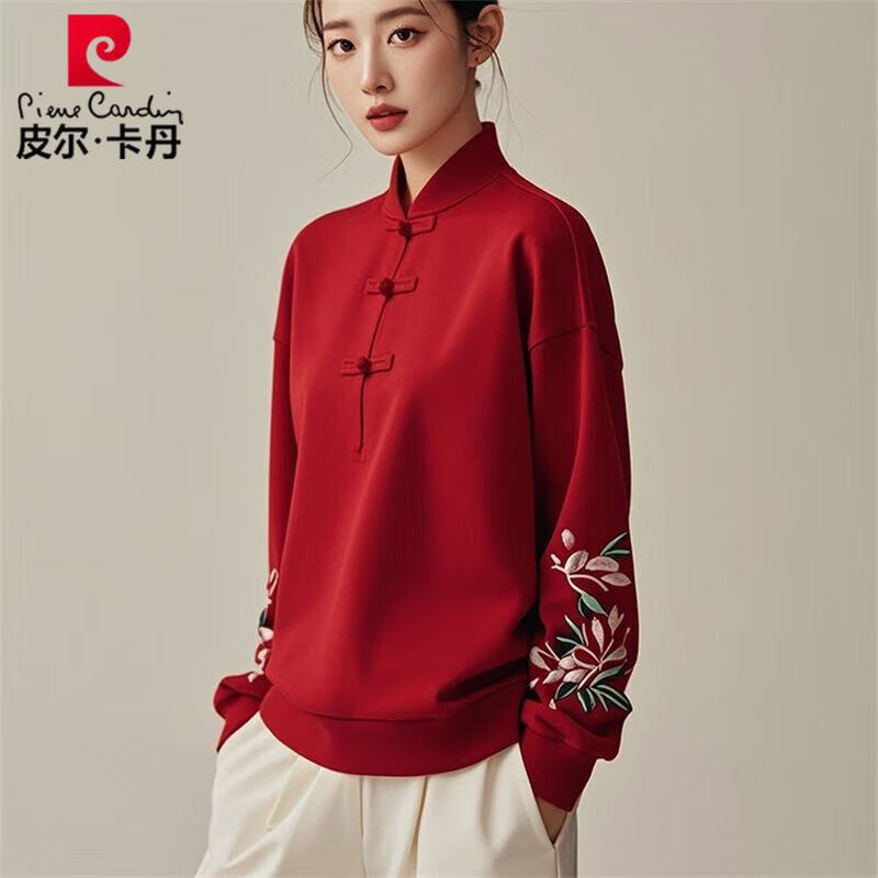 Pierka Dandelong New Chinese Style Embroidered Stand Collar Sweater Women's Autumn and Winter New Ancora Red National Style Disk Button Warm Long Sleeve Top W832 Red German Velvet Warm 2XL Recommended 130-150 catties