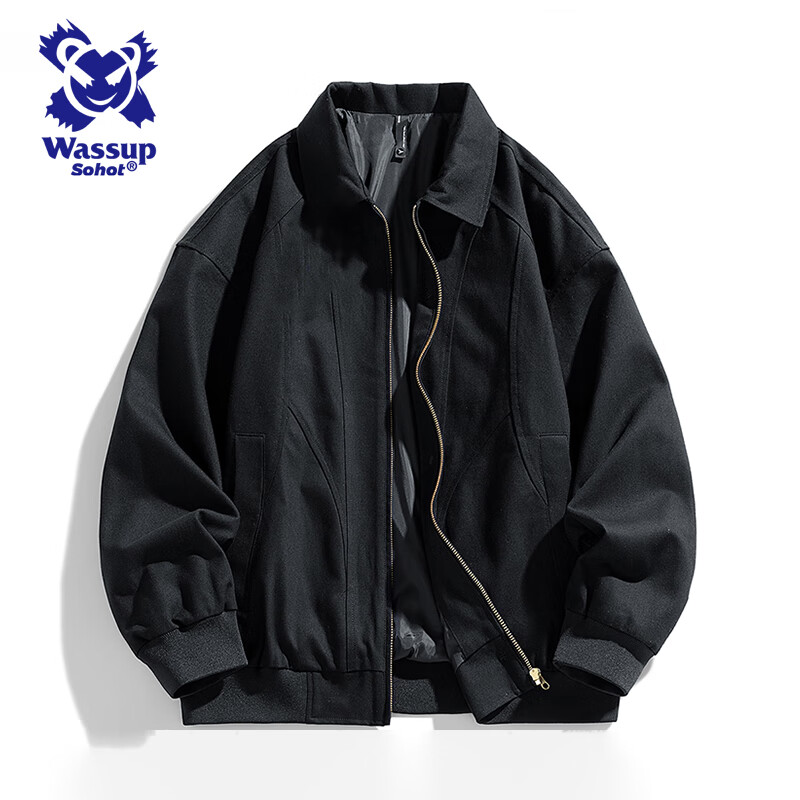 Wassup Sohot Jacket Men's Autumn and Winter Pure Cotton Washed Retro Jacket Men's Slim Lapel Work Jacket Black M