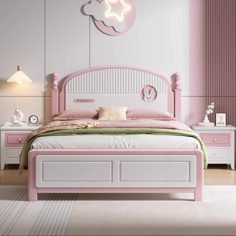 Oka Star solid wood children's bed 1.2m1.5m pink girl princess bed baby girl bedroom furniture cute single bed bed+20cm latex spring mattress+bedside table*2 1500*1900