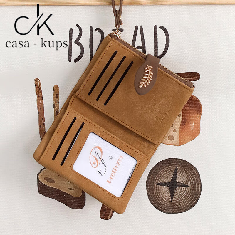 Casa-kupsCK Korean style small fresh leaf print short women's wallet hand strap multi-card slot student coin purse frosted pink