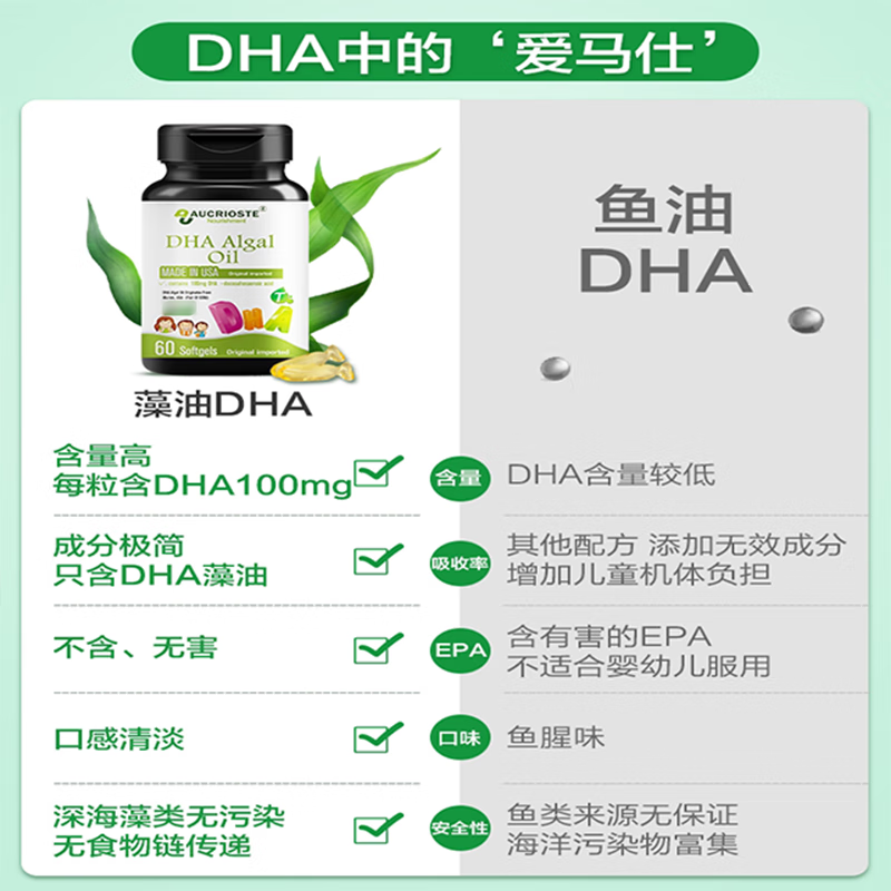 Aucrojian seaweed oil DHA baby dietary nutrition supplement for infants and young children (children's type) original imported baby 60 capsules * 1 bottle