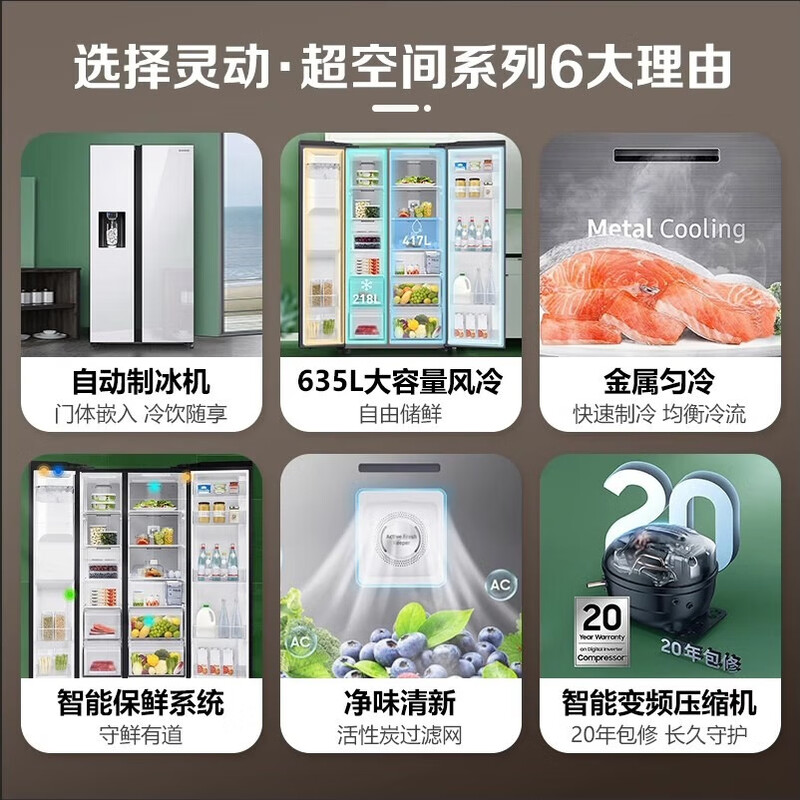 Samsung Large Capacity Automatic Ice Maker Side-by-Door Refrigerator Full Surround Airflow Intelligent Frequency Conversion Tempered Glass Panel RS64R53E71L/SC 635L White