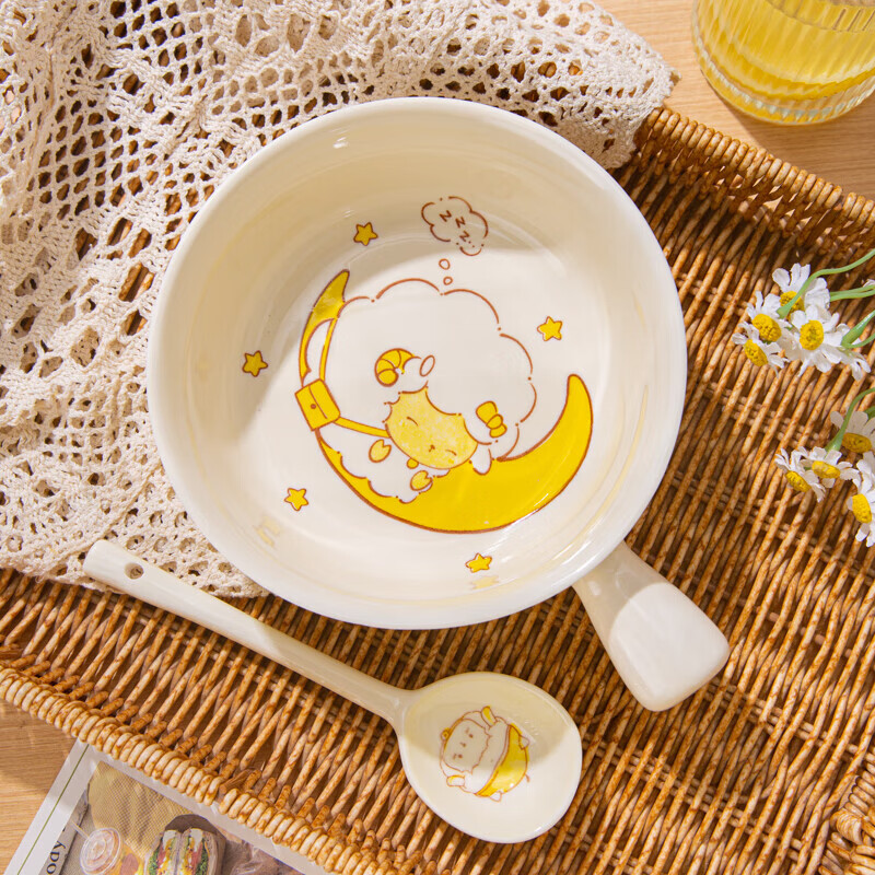 Cream tableware for one person, cartoon ceramic handle bowl, underglaze color instant noodle bowl, household rice bowl, high-looking plate, Goodnight Sheep (handle bowl) 1-piece set