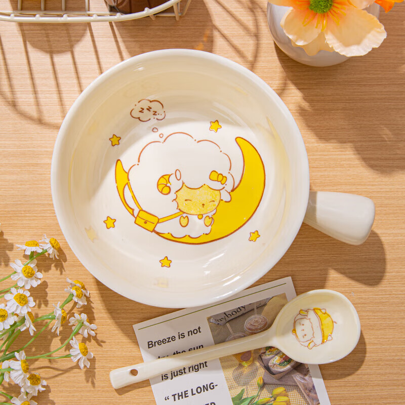 Cream tableware for one person, cartoon ceramic handle bowl, underglaze color instant noodle bowl, household rice bowl, high-looking plate, Goodnight Sheep (handle bowl) 1-piece set