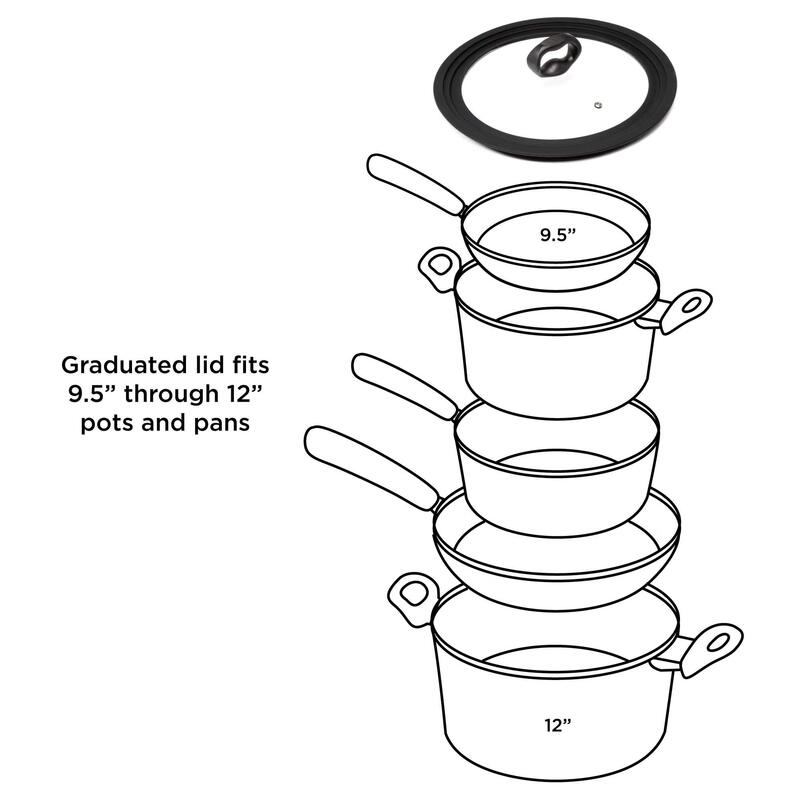 Ecolution tempered glass pot lid, universal 9.5-12cm, silicone anti-spill rim, microwaveable, dishwasher safe, large, black