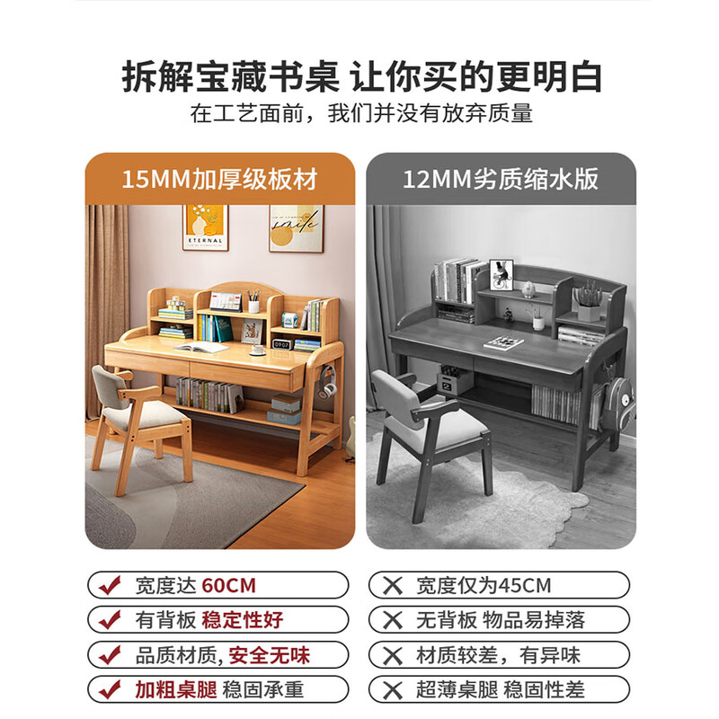 YIBOL solid wood children's study table for primary and secondary school students, home bookshelf integrated table for bedroom, liftable children's writing desk and chair, walnut color single table, imported solid wood, length 80*width 60*height 113cm