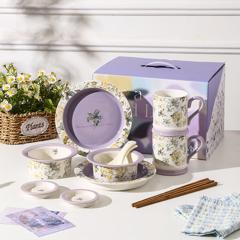 Xiderun underglaze colored iris flower bowl and plate set for home move-in, new home bowl and plate, wedding gift tableware, chopsticks and bowls gift box, 6-piece set for one person - iris flower