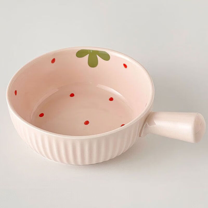 Cream powder strawberry ceramic bowl and spoon for household high-looking rice bowl girl's heart dessert bowl underglaze color tableware set 1 piece light pink strawberry handle bowl