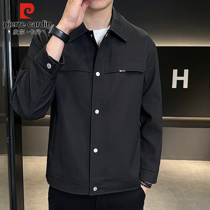 Pierre Cardin Jacket Men's Spring Autumn and Winter Trendy Fashion Work Jacket Men's Casual Lapel Clothes Men's Black XL