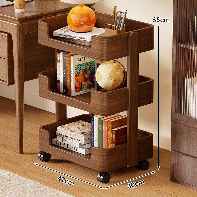 Lin's boy all solid wood mobile storage rack floor-standing bookshelf living room wheeled trolley household snack rack multi-layer storage rack walnut color three-layer imported solid wood