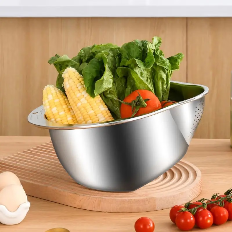 Stainless steel kitchen rice cleaning artifact filter household thickened multi-functional drain fine hole durable rice washing sieve slanted mouth multi-functional drain basket new upgraded model-silver rice sieve