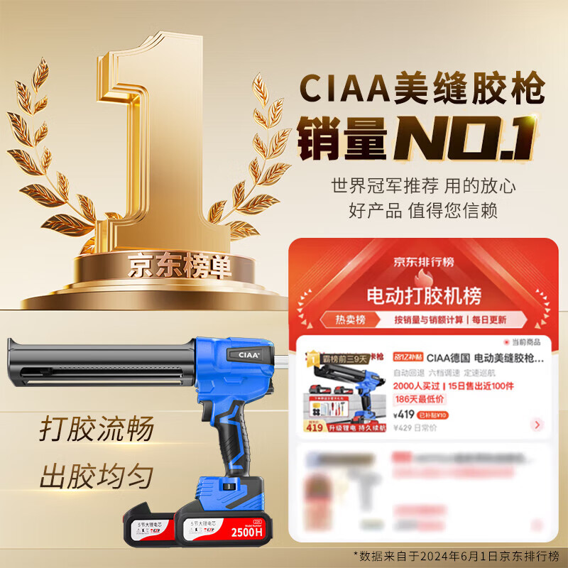 CIAA German Sealing Glue Gun Electric Double-tube Fully Automatic Sealing Agent Glue Gun Special Sealing Tool for Ceramic Sealing 21V 6-gear Speed Adjustable Model Two Batteries and One Charge Free Anti-fall Plastic Box